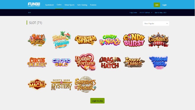 The simple, clean design of the Fun88 online casino site