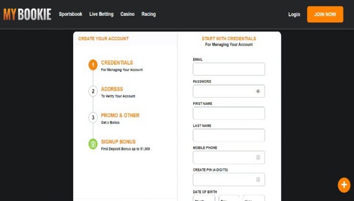 Page one of the registration form at MyBookie