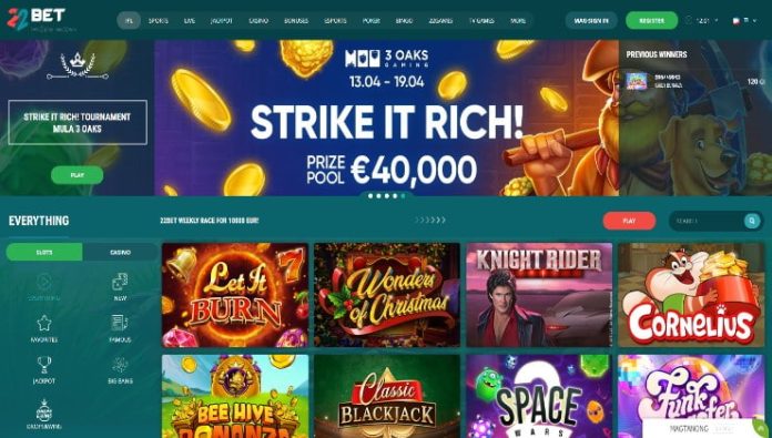 The 22Bet slots lobby with Netent games