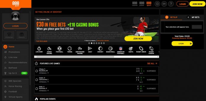 A screenshot from the UK Betting Site 888Sport