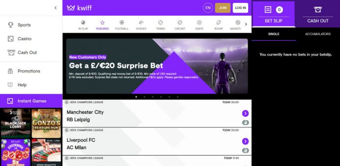 A screenshot displaying the front page of Kwiff