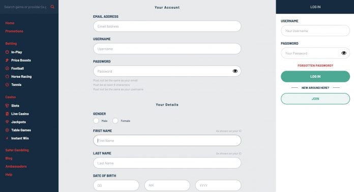 BetUK Account setup page