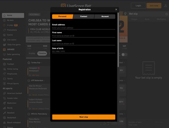 LiveScore Bet Registration Screen