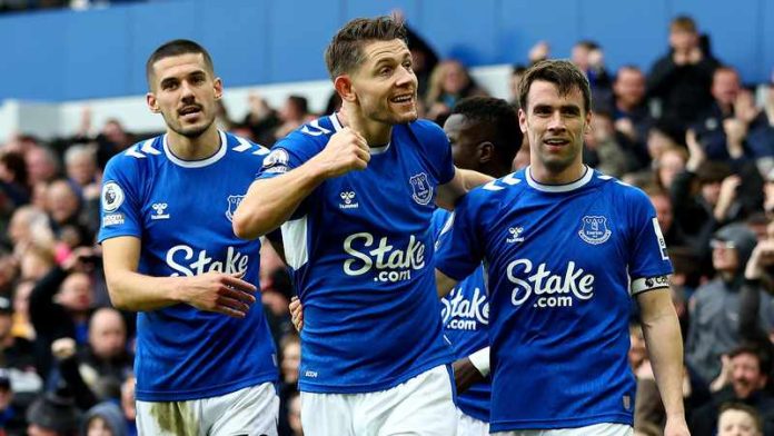 Everton s James Tarkowski celebrates after scoring the winning goal during their Premier League clash against Arsenal at Goodison Park in Liverpool on Saturday