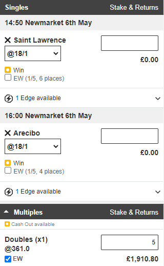 Tony Calvin Newmarket Tips - Saturday 6th May 2023 - Betslip