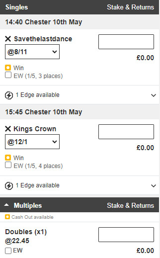 Tony Calvin Chester Tips - Wednesday 10th May 2023 - Betslip