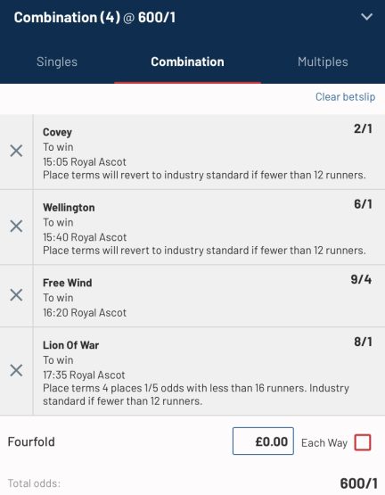 Royal Ascot Day 5 Lucky 15 - Saturday 24th June - Betslip