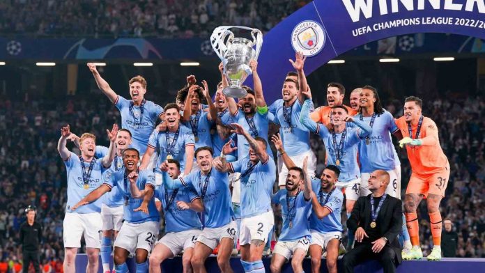 manchester city players celebrate champions league triumph june 2023