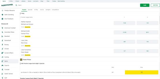 Paddy Power darts betting