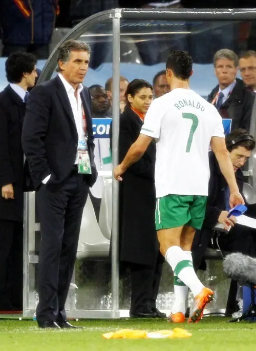 Cristiano Ronaldo after the game with his manager, Carlos Queiroz
