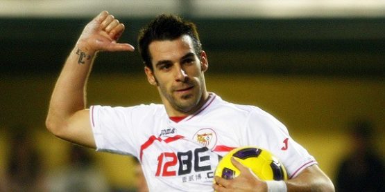 Sevilla's Negredo celebrates after he scored against Villarreal during their Spanish King's Cup soccer match in Villarreal