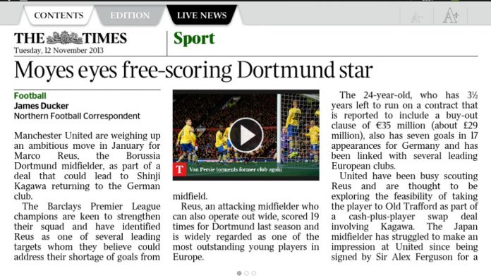 James Ducker wrote in The Times about Man Utd's interest in Reus