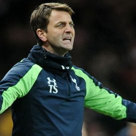 Tottenham's manager Tim Sherwood complains to his defence after Arsenal's goal at The Emirates.