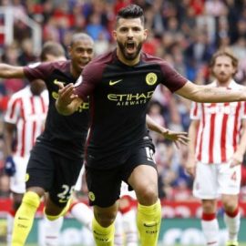 sergio aguero celebrates after a goal versus Stoke City