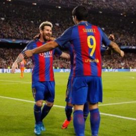Barcelona celebrate scoring against Manchester City