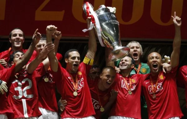 Rio Ferdinand lifting the Champions League in 2008.