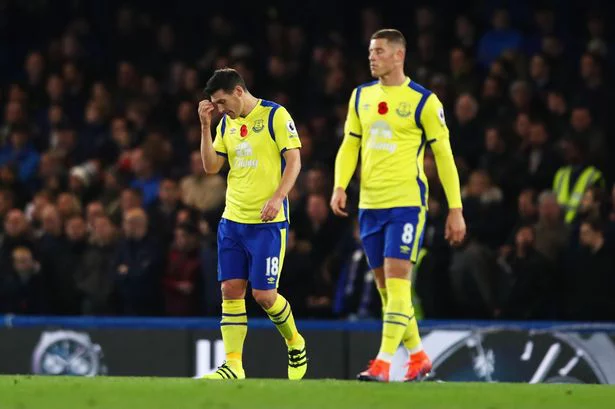 Ross Barkley and Gareth Barry look dejected during 5-0 defeat to Chelsea.
