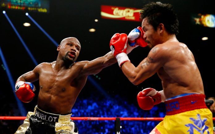 Floyd Mayweather using his jab on the way to a dominant unanimous points decision victory over Manny Pacquiao