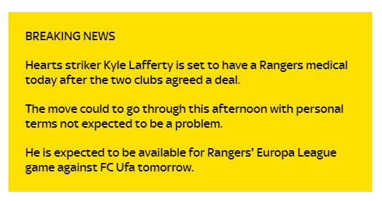 Rangers agree fee for Kyle Lafferty, medical today
