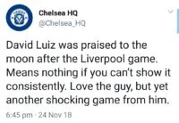 Chelsea fans reaction to David Luiz performance against Tottenham