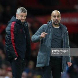 ole-gunnar-solskjaer-manager-of-manchester-united-and-pep-guardiola-picture-id1144990724