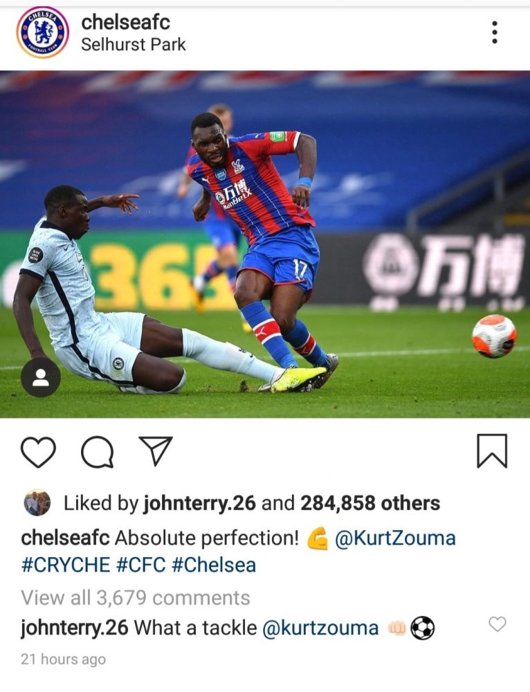 John Terry reacts to Chelsea centre-back Kurt Zouma's last-ditch tackle on Crystal Palace's Christian Benteke