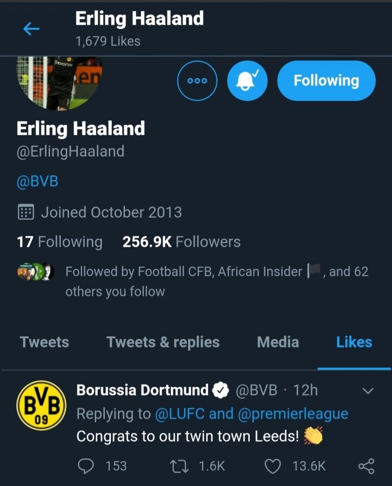 Erling Haaland likes Borussia Dortmund's message to Leeds United on Twitter