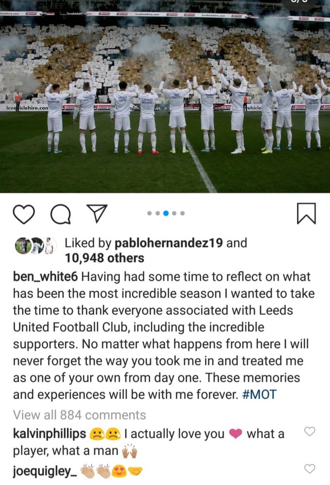 Leeds United midfielder Kalvin Phillips reacts to Ben White's post on Instagram