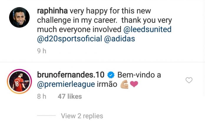 Bruno Fernandes reacts as Raphinha joins Leeds United