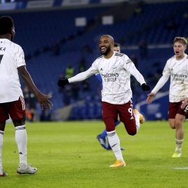 Brighton and Hove Albion v Arsenal - Premier League - AMEX Stadium Arsenal s Alexandre Lacazette (centre) celebrates sc