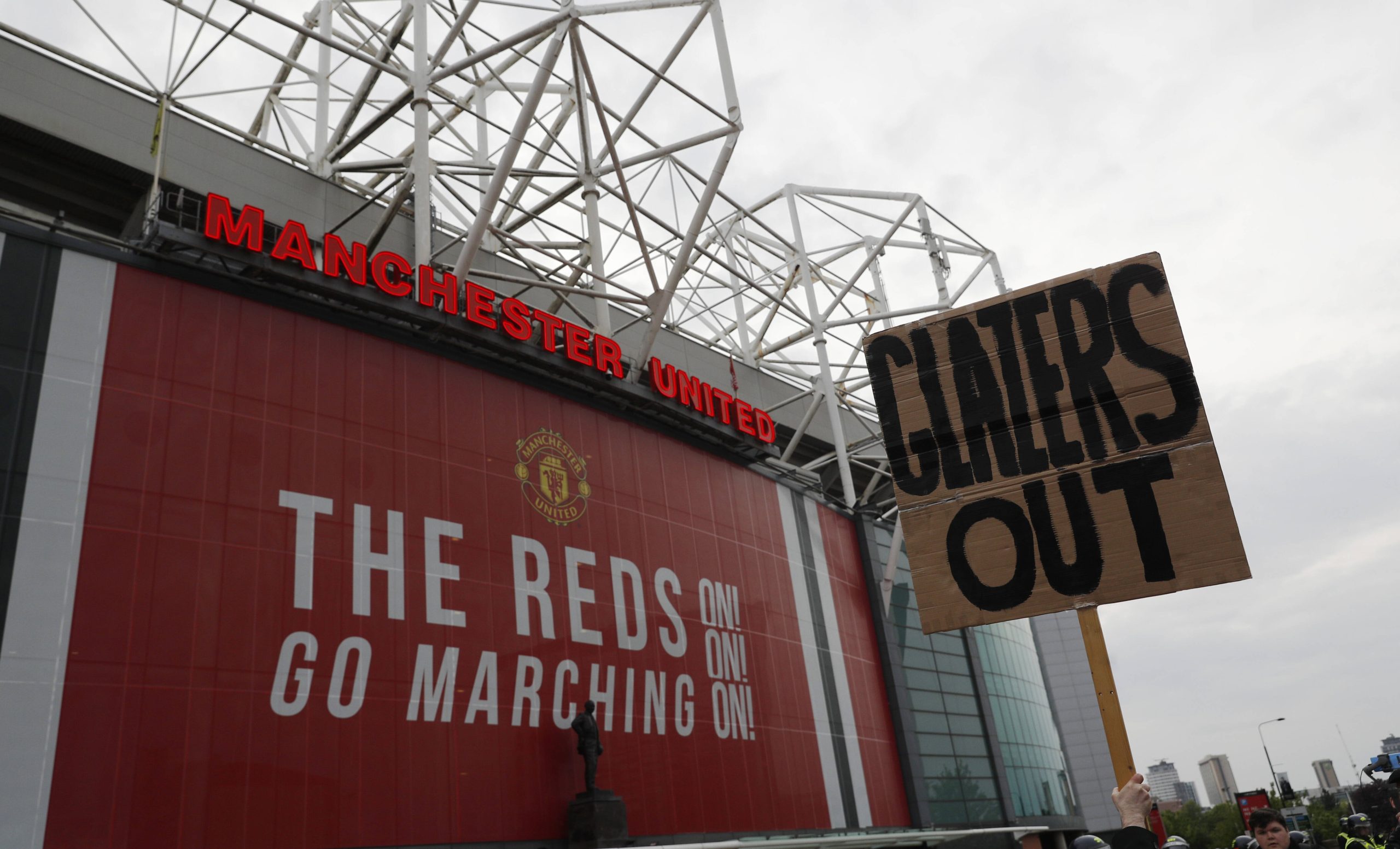 "Glazers Out" Banner Outside Of Old Trafford