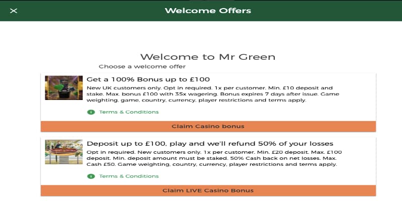 Mr Green welcome offers new 2