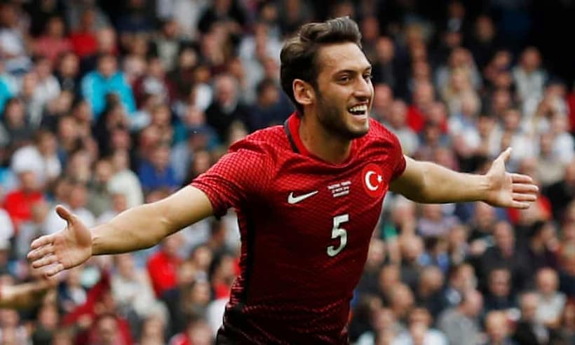 Hakan Calhanoglu celebrates a goal for Turkey