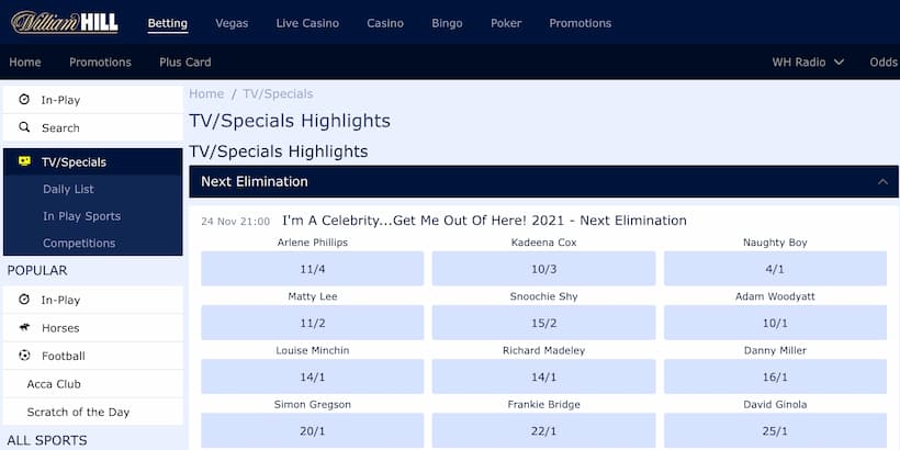 I'm a celebrity latest elimation odds at william hill