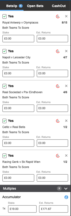 Europa League BTTS Acca at Betfred