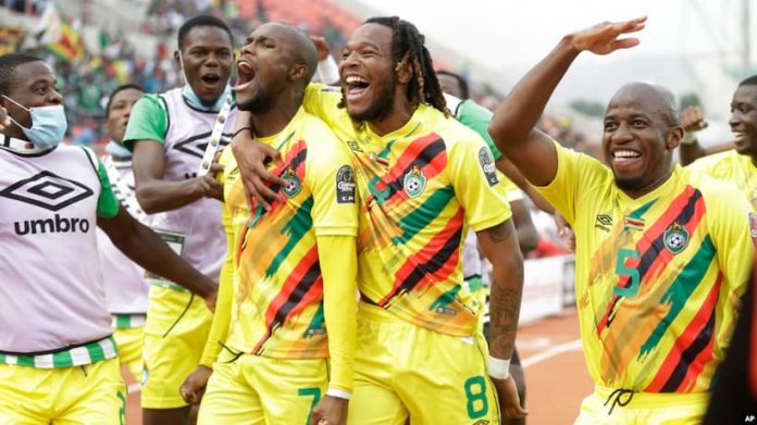 Ishmael Wadi celebrates a goal for Zimbabwe