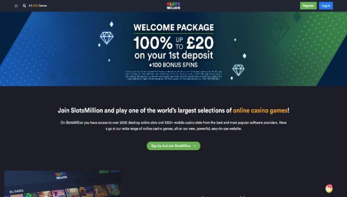 The homepage of the Slots Million online casino site