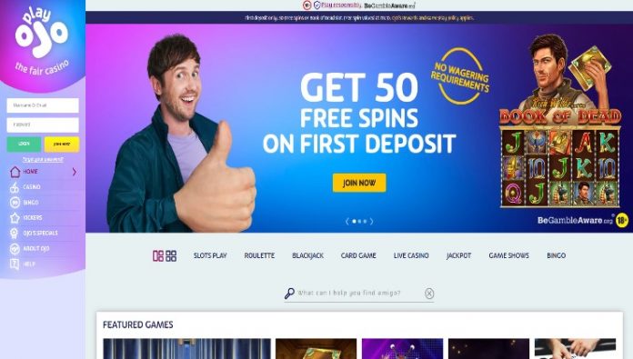 The homepage of the PlayOJO online casino