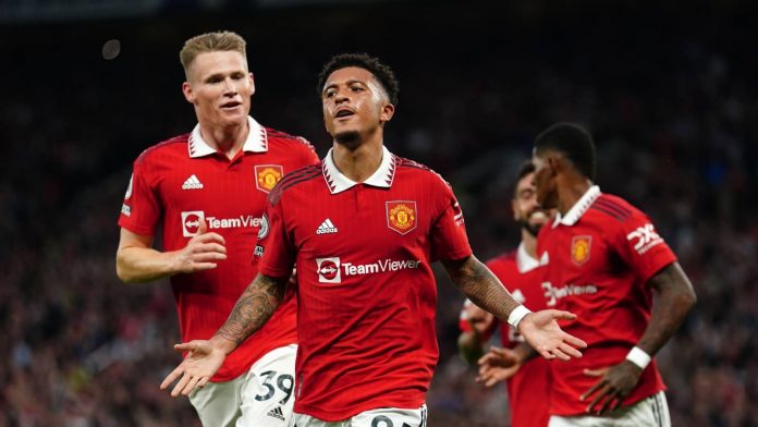jadon sancho celebrates after giving man utd the lead against liverpool at old trafford