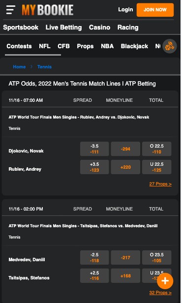 MyBookie tennis app Texas odds