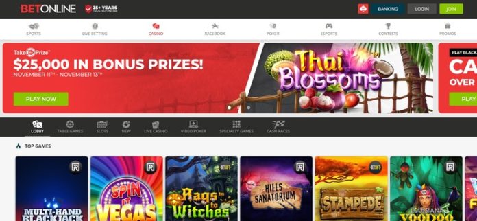 BetOnline homepage with best bitcoin casino bonus promotions