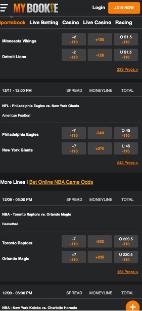 MyBookie NFL betting lines