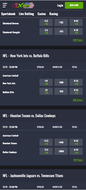 NFL betting app XBet lines