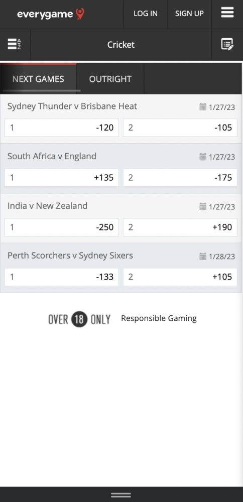 Everygame Cricket Bets Mobile