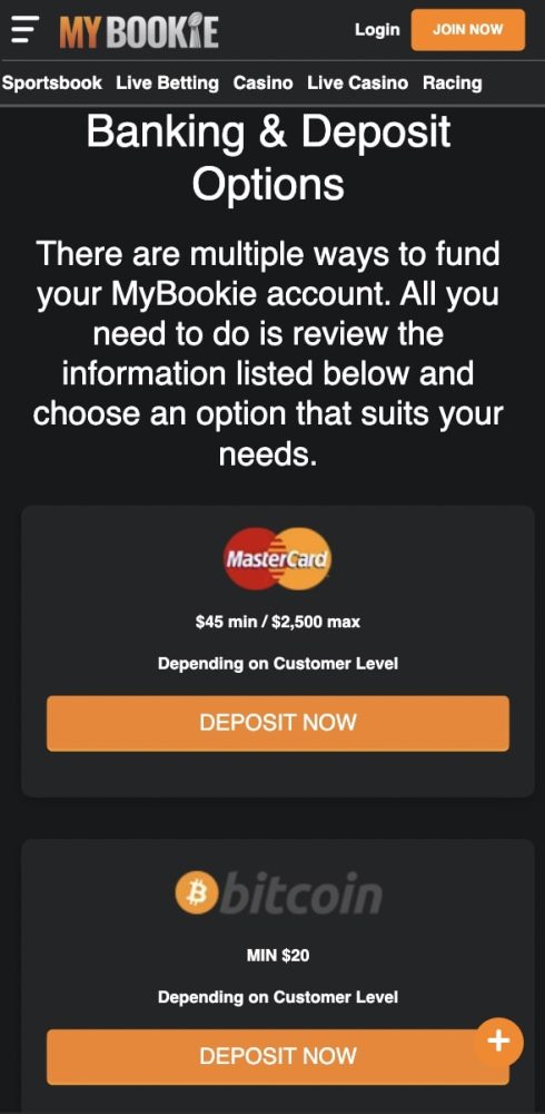 MyBookie Deposit Page