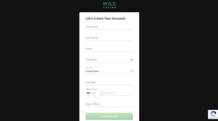 Wild Casino sign up page NC
