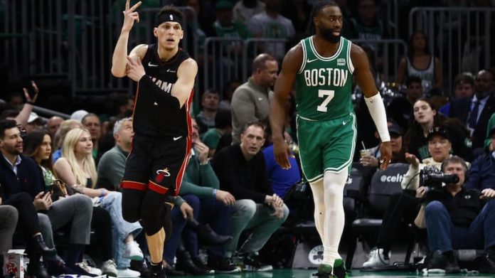 Miami made a franchise playoff record 23 three-pointers and stole Game 2 on the road vs. Boston
