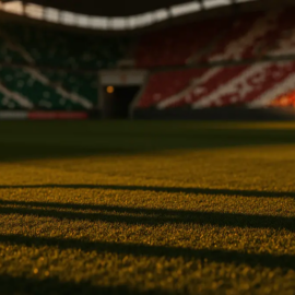 Floodlit stadium pitch at dusk with emerald and red-white-red colour scheme, packed stands in background.