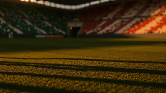 Floodlit stadium pitch at dusk with emerald and red-white-red colour scheme, packed stands in background.