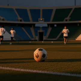 Football pitch at dusk with corner flag, stadium sections in Argentina and Algeria colours, ball on centre circle, player silhouettes in motion.